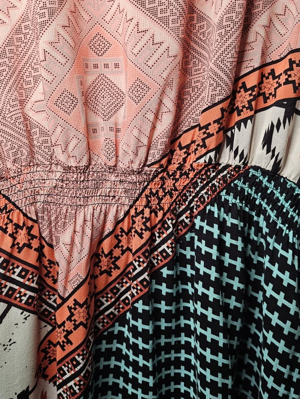 Eight Sixty Multi-Print Midi Dress in Coral, Teal, Cream - Picture 6 of 14